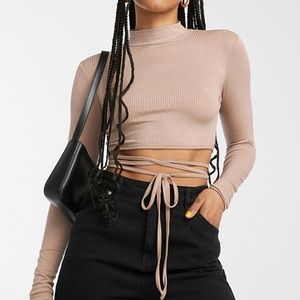 Sans Souci light brown ribbed open back tied cropped long sleeve tee NWT